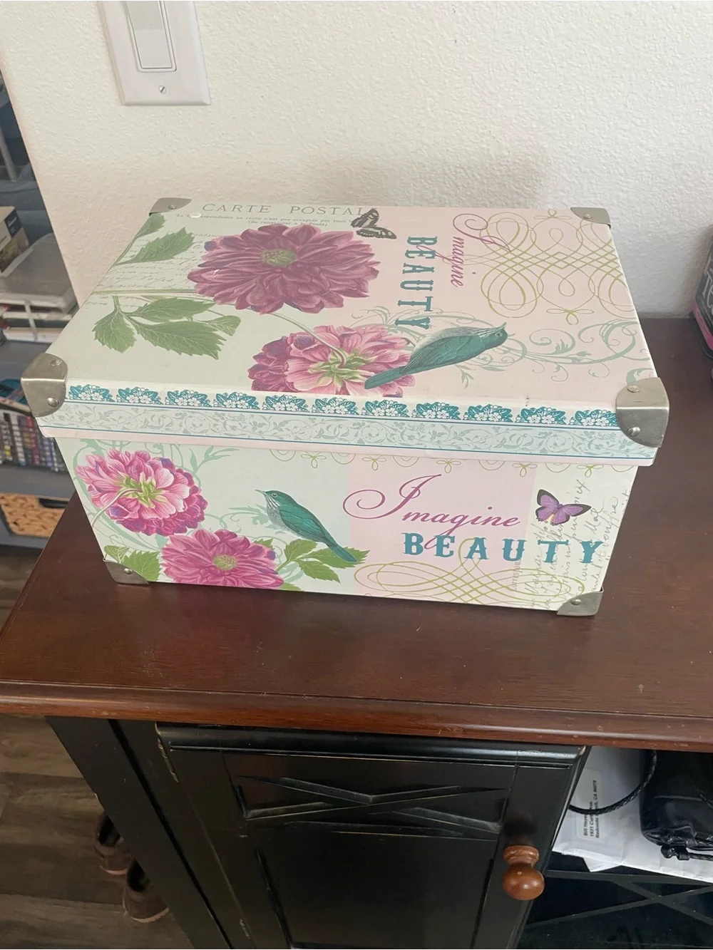 Floral Bird Decorative Storage Box - Pink & Teal
